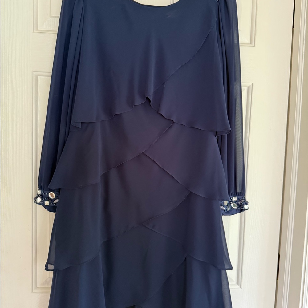 SL Fashions Navy Tiered Chiffon Dress with Beaded Cuffs
